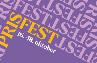 Grafisk lilla bilde med teksten "Prisfest - 16.-18. oktober"