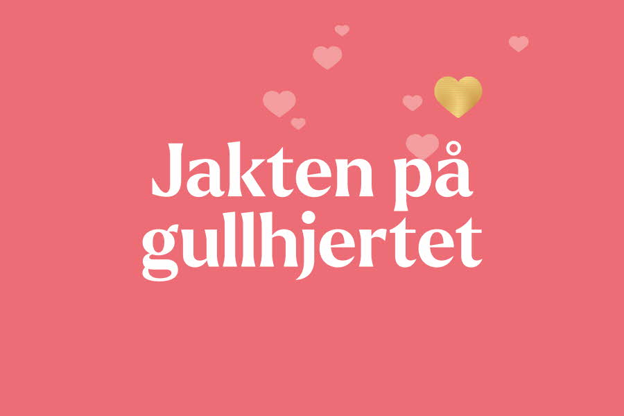 Grafisk bilde med teksten "jakten på gullhjertet" og hjerter