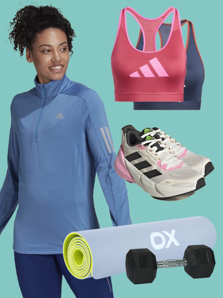 Dame i treningsklær og ulike produkter; sports-BH, joggesko, matte og vekt