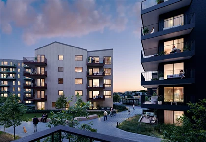 Illustrasjon Skårerløkka PREMIUM, kveld mellom husene og lys i vinduenene
