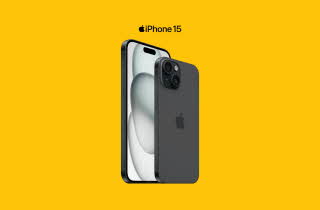 Bilde av en iPhone 15 på en gul bakgrunn.