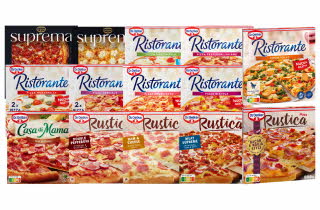 Utvalg av Dr. Oetker frossenpizzaer i ulike varianter som Ristorante, Casa di Mama, Rustica og Suprema.