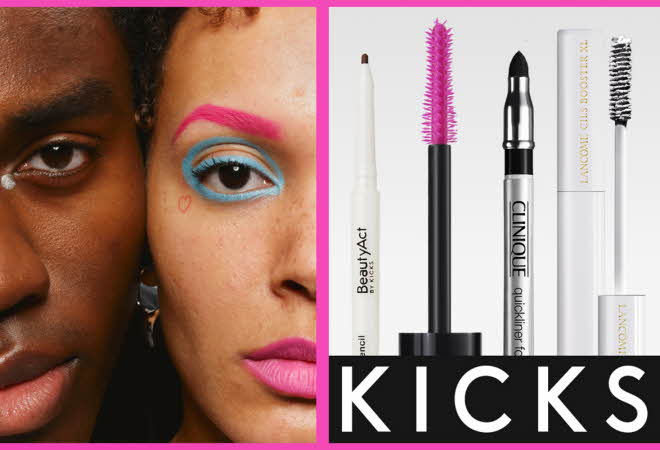 Tre kosmetiske produkter: en rosa mascara, en svart eyeliner og en hvit mascara.