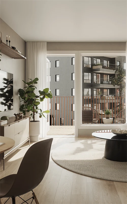 Illustrasjon av stue ut mot en balkong hos boligprosjektet Skårerløkka PREMIUM i Lørenskog.