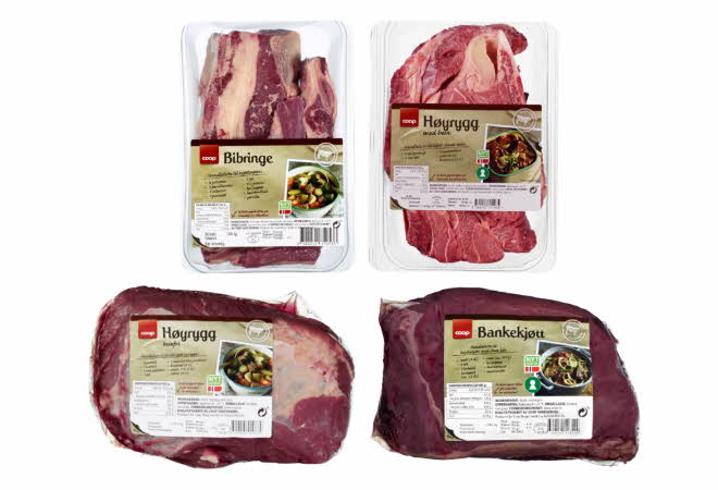 To pakker med høyrygg, en pakke med bibringe og en pakke med bankekjøtt.