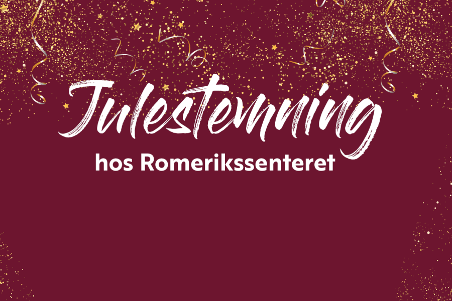 Mørkerød bakgrunn med gullkonfetti med teksten Julestemning hos Romerikssenteret i hvitt tekstfarge
