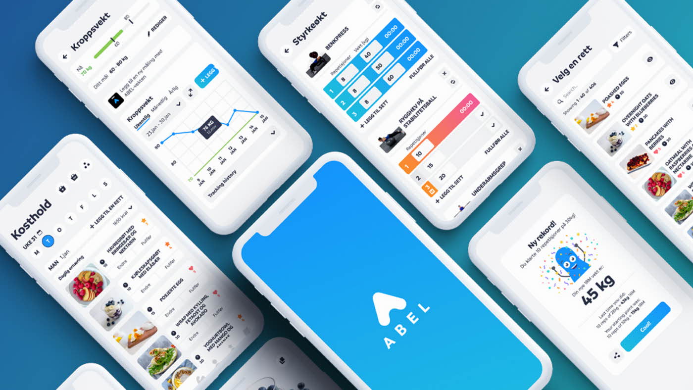 Flere mobilskjermer med statistikk og informasjon fra Abel Health