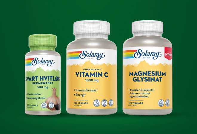 Svart hvitløk, vitamin C og magnesium glysinat fra Solaray