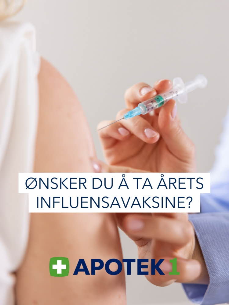 Bilde av en skulder med sprøyte. Tekst "Ønsker du å ta årets influensavaksine? Apotek 1"