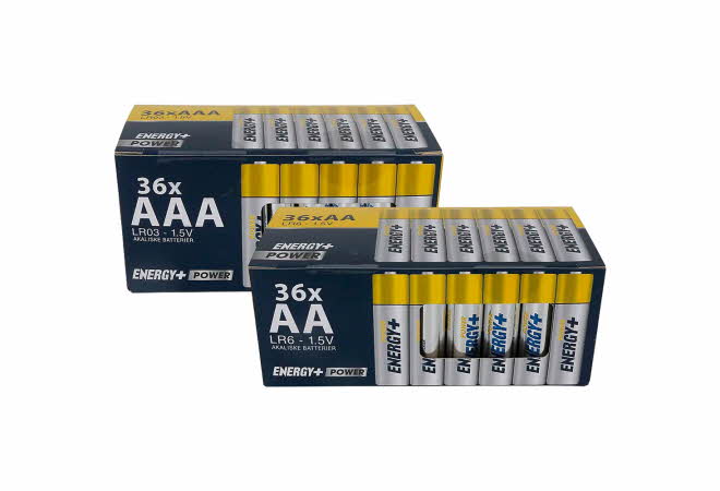 To pakker med Energy+ batterier 36-pakk.