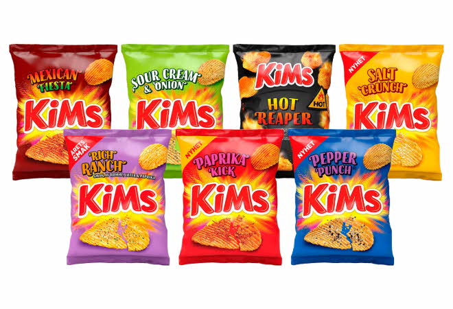 Syv forskjellige versjoner av Kims potetchips.