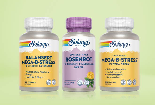 Balansert Mega-B-Stress, Rosenrot og Mega-B-Stress fra Solaray