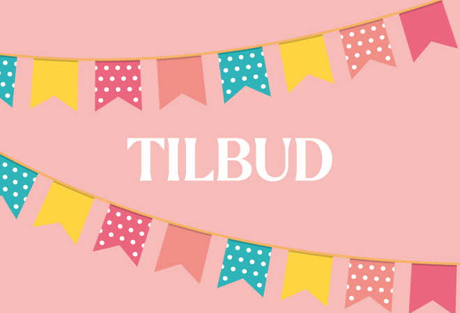 Grafisk bilde med vimpler og teksten "tilbud"
