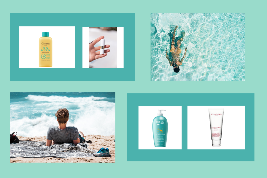 kollasj av miljøbilder folk på stranden og solprodukter