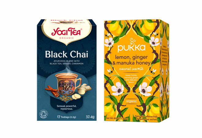 En pakke te fra Yogi Tea og en pakke fra Pukka.