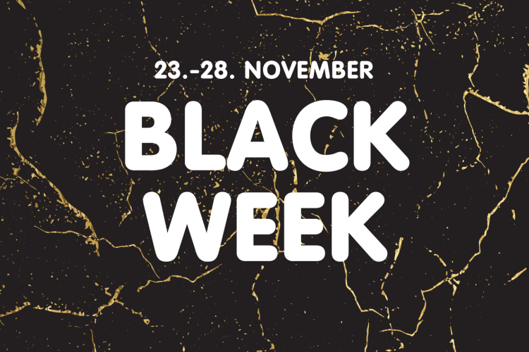 Logoen Black Week og datoene 23.-28. november på svart og gullaktig bakgrunn, marmormønstret