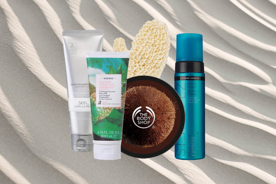 5 produktbilder, hanske, bodylotion og selvbruning