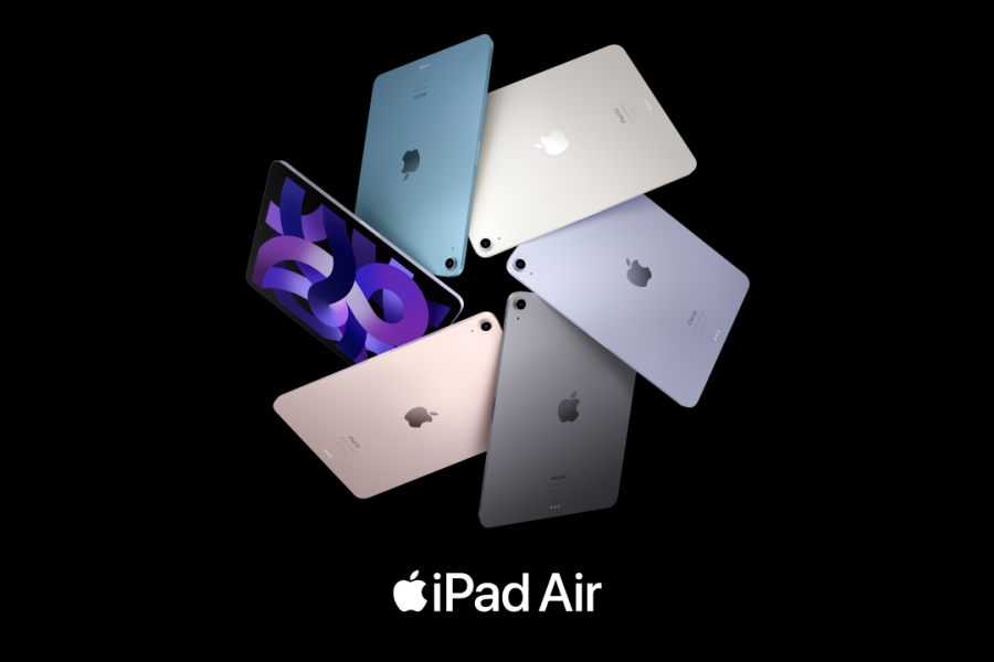 Seks iPad Air i ring med svart bakgrunn
