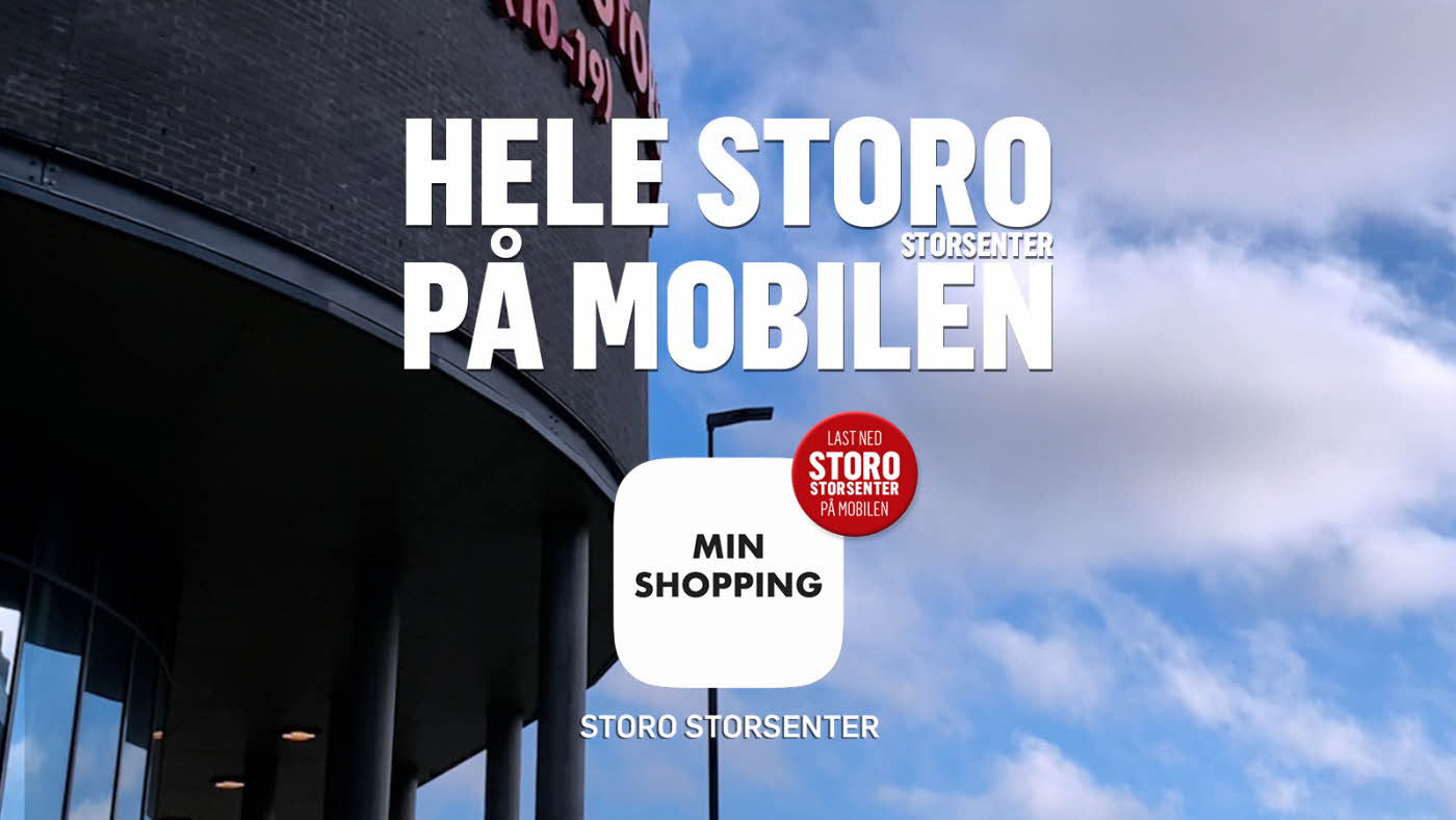 Nærbilde av fasaden med tekst om appen til Storo Storsenter