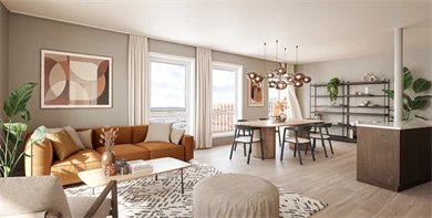 Illustrasjon av møblert stue med sofa, stoler, tepper, lamper, bilde, hyller og spisestue