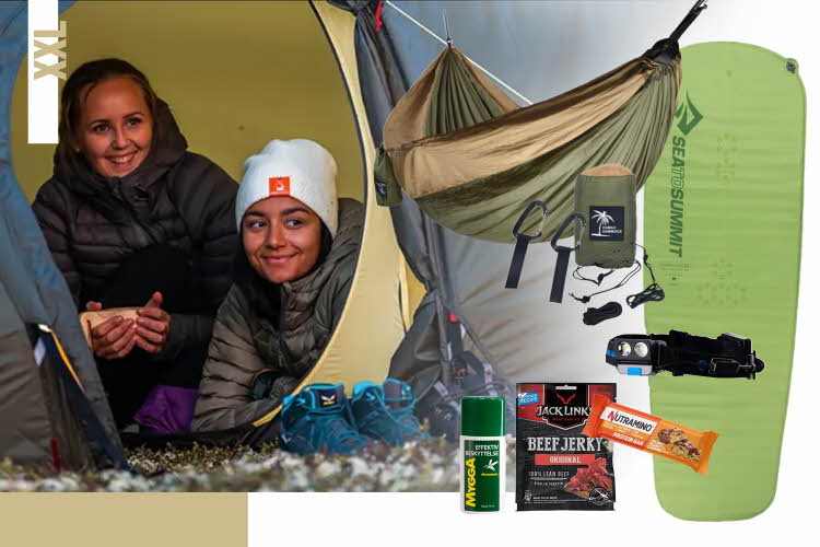 Kollasj av tur utstyr og to damer i et telt