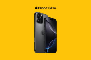 Bilde av en iPhone 16 Pro på en gul bakgrunn.