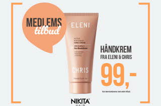 Bilde av håndkrem med tekst "Medlemstilbud. Håndkrem fra Eleni & Chris 99,-. Nikita"