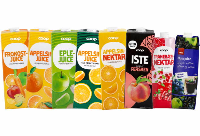 Stort utvalg av Coop Juice, nektar og iste.