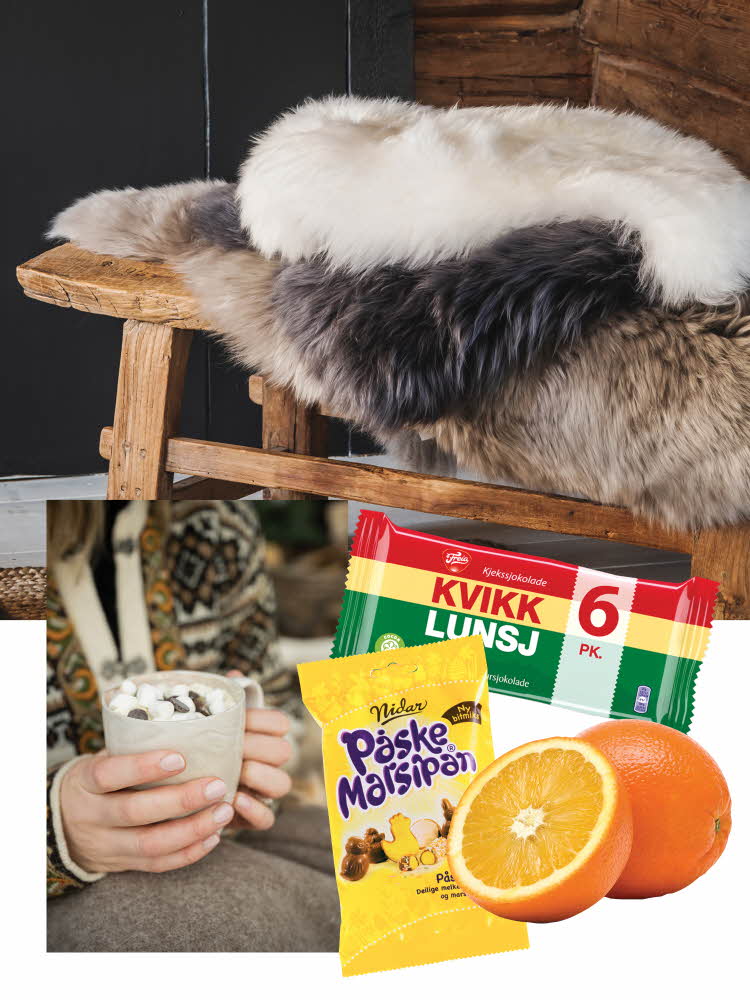 Dame som holder en kopp kakao, kollasj med marsipan, kvikklunsj og appelsin med saueskinn i bakgrunn