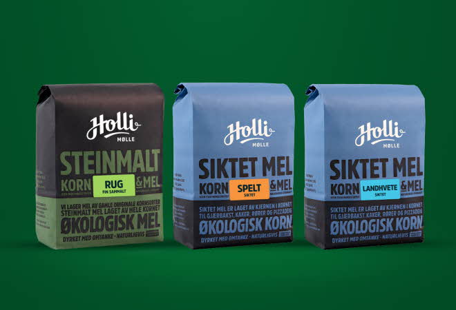 Tre poser med forskjellige type mel fra Holli Mølle