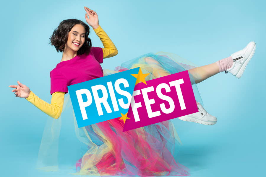 jente med rosa t-skjorte og gul underskjorte, tyllskjørt i fargene gul, rosa og blå, Prisfest-logoen foran