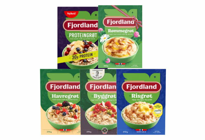 Fem pakker med forskjellig ferdigmat fra Fjordland