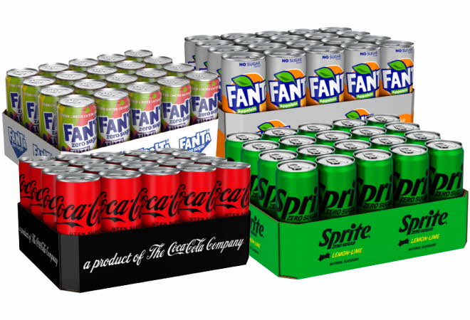 Fire pakker med brus: Fanta Zero Sugar, Coca-Cola Zero Sugar og Sprite Lemon Lime.