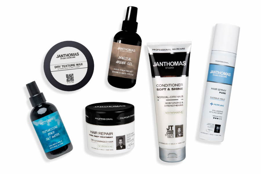 Diverse hårstyling produkter som spray, olje og voks fra Jan Thomas