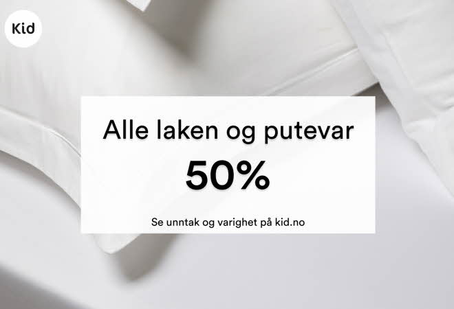 Inspirasjonsbilde av varer fra Kid Interiør med tekst: "alle laken og putevar 50%"
