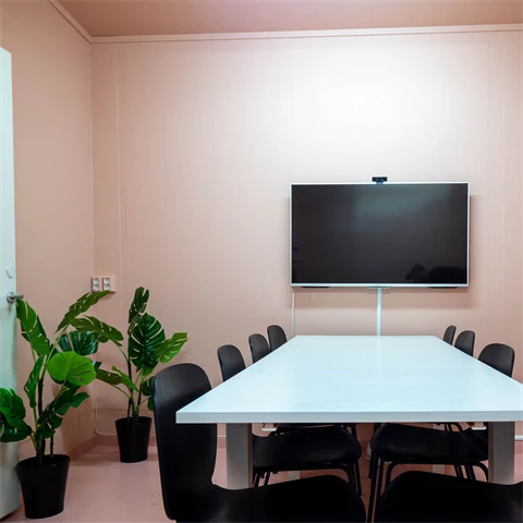 Møterom med rosa vegger og grønne planter.