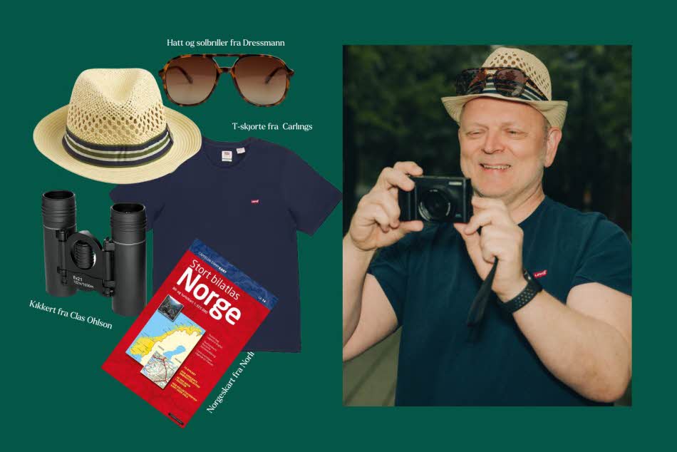 mann med kamera, hatt og solbriller