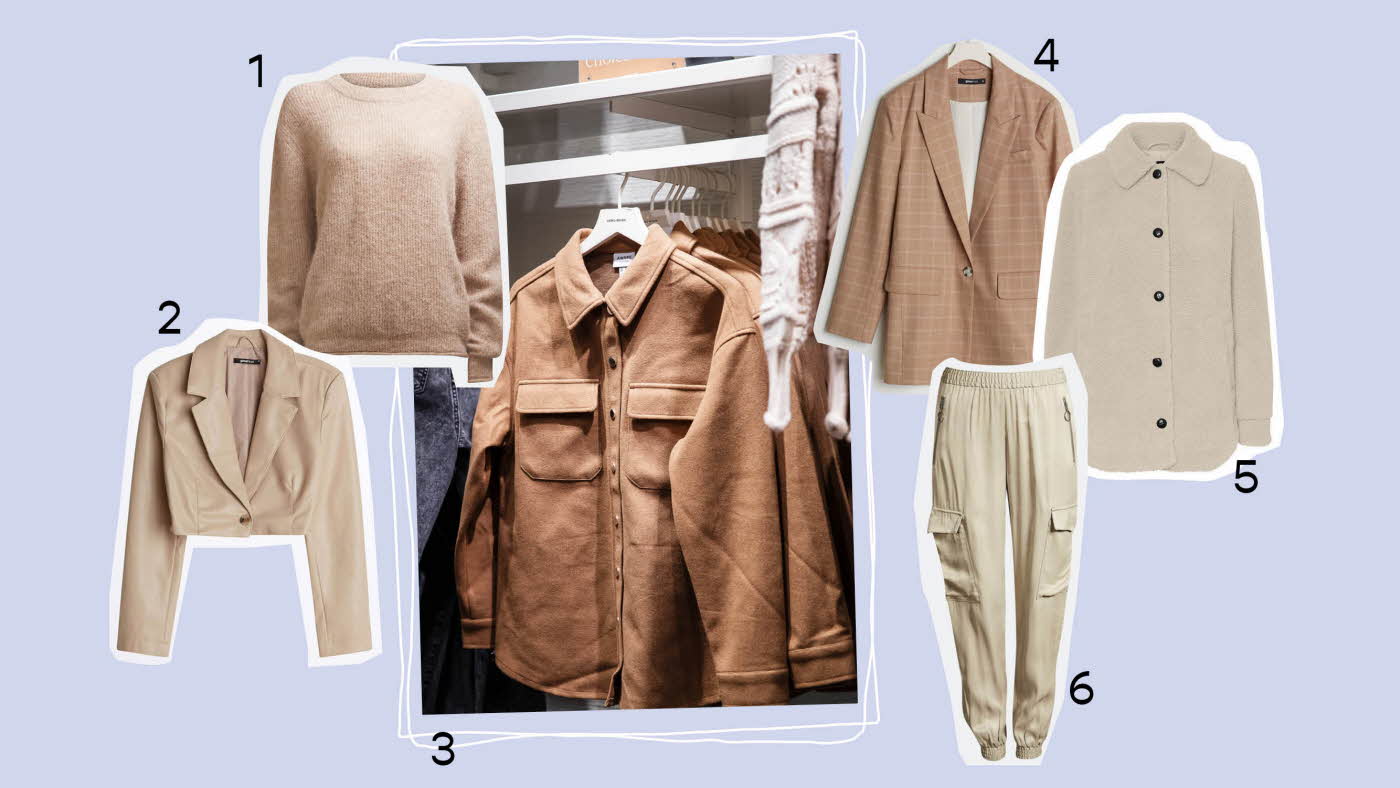 Kollasj med produktbilde av fem plagg i beige, blazer, strikkegenser, overdel og bukse