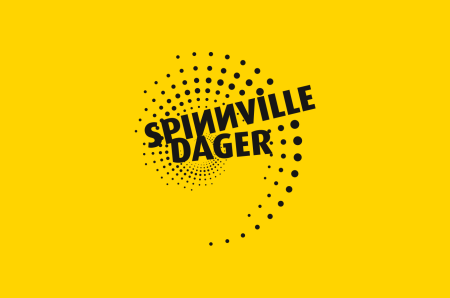 gul bakgrunn, svart tekst Spinnville dager med pynteprikker i sirkel