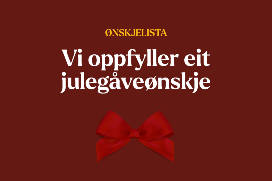 Grafisk bilde med teksten "Ønskjelista - Vi oppfyller eit julegåveønskje"