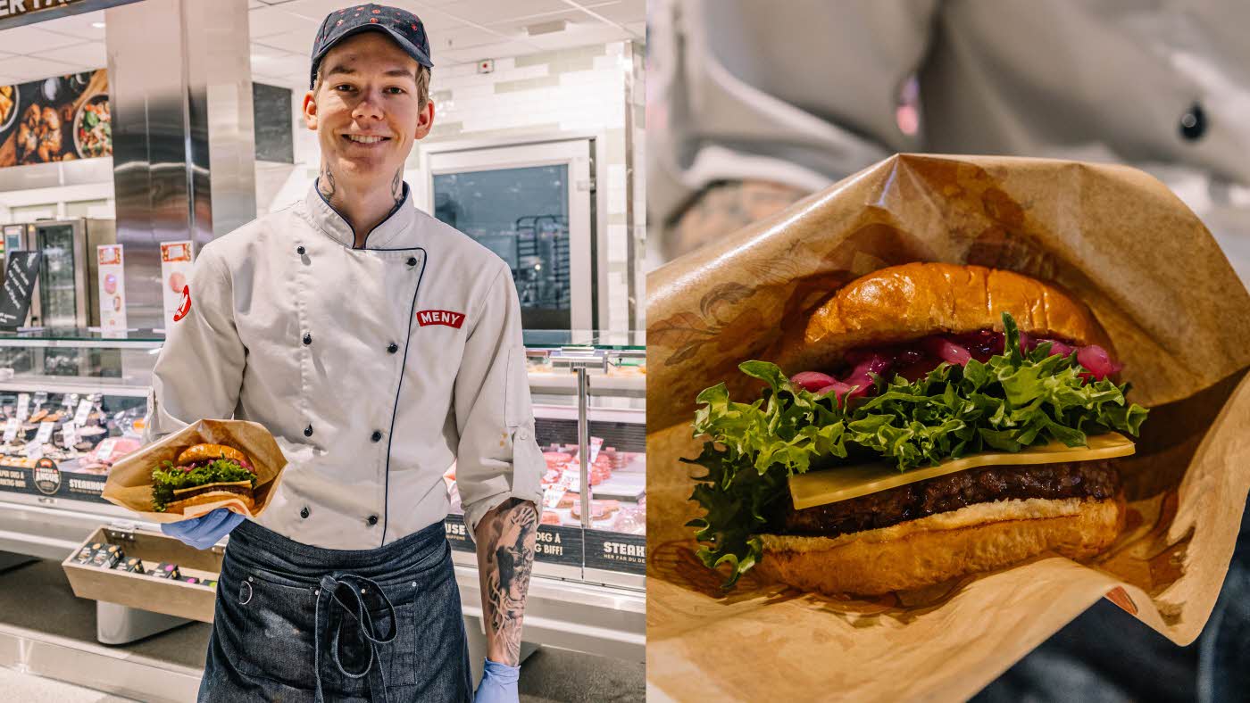 Mann fra Meny med hamburger i hånden