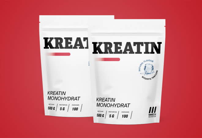 To hvite poser med "KREATIN MONOHYDRAT" fra North Nutrition