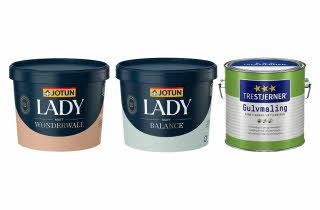 To kanner med Lady maling, og en kanne med gulvmaling