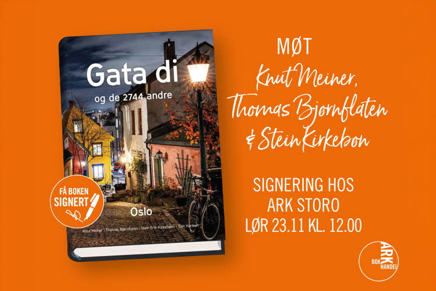 Bok omslaget til Gata di og informasjon om boksignering lørdag 23. november kl. 12:00