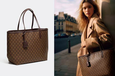 En dame med beige trenchcoat og en brun mønstret veske