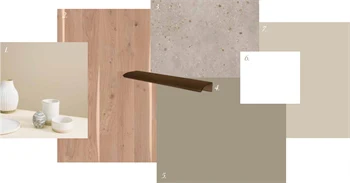 Grafikk viser illustrasjon av stilpakke 1 i Heggedal Hage, med vegger i beige og lys parkett