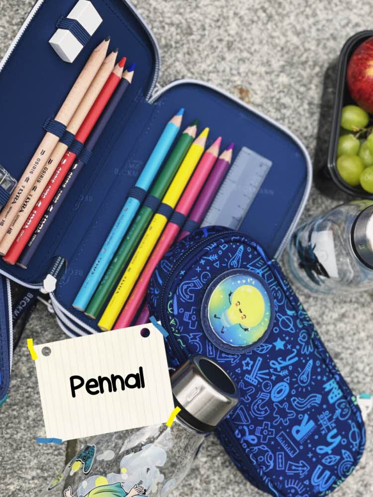 Tekst: Pennal. Blå pennal, et åpent med fargeblyanter.