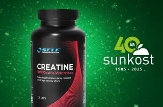 Boks med Self Omni Kreatin mot grønn bakgrunn med Sunkost 40-årslogo.
