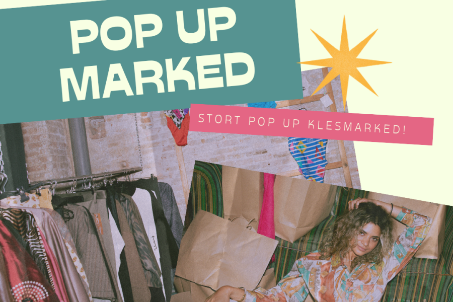 Tekst "pop up marked" med bilde av en kvinen i en sofa med shoppingbags og en klesstativ med klær