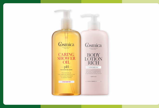 To hudpleieprodukter fra Cosmica – dusjolje og bodylotion.